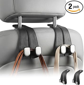 2 Pack Car Purse Hooks, Leather Car Headrest Hooks for Purses & Bags(Black)