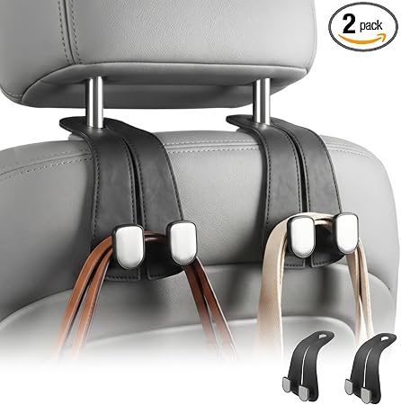 2 Pack Car Purse Hooks, Leather Car Headrest Hooks for Purses & Bags(Black)