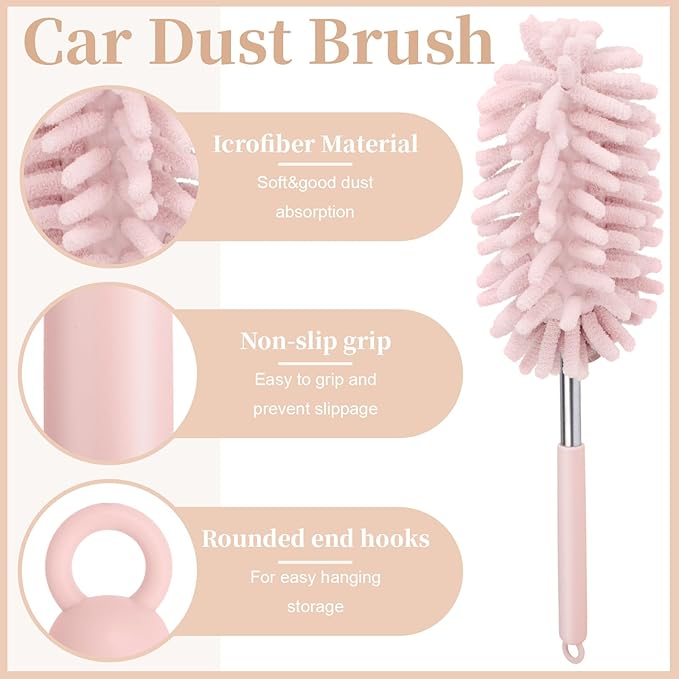 2 PCS Car Interior Duster with Extension Pole, Microfiber Car Duster with Bendable Head, Car Accessories Dusters Exterior&Interior Scratch Free, for Cleaning of Vehicle Details, Offices, Windows(Pink)