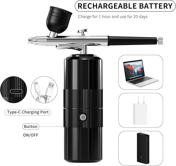 Airbrush Kit with Compressor Portable Airbrush Kit 48PSI High-Pressure Non-Clogging Air Brush Set Cordless Rechargeable with 0.3mm Nozzle and Cleaning Brush for Painting,Nail Art, Makeup (black)