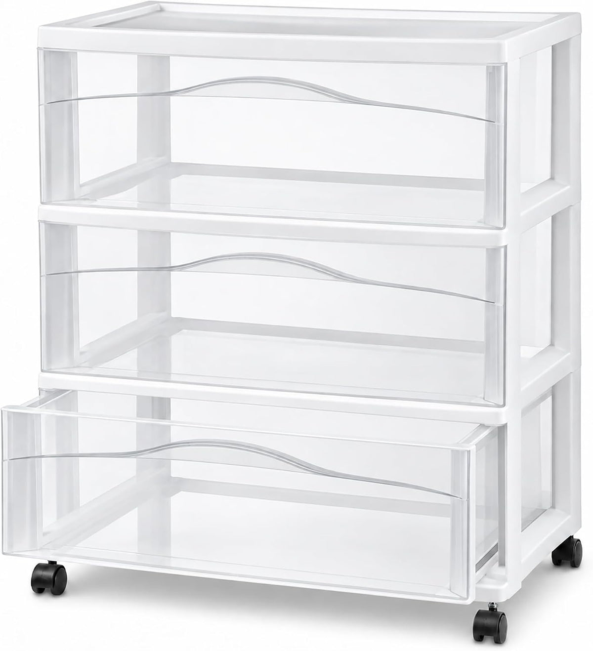 Wide 3 Drawer Storage Cart Plastic Rolling Organizer, White Frame