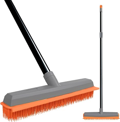 TreeLen Rubber Broom Carpet Rake Pet Hair Remover Broom with Squeegee Extension Push Broom for Carpet Hardwood Floor Til