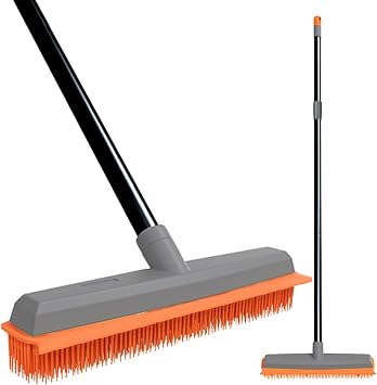 TreeLen Rubber Broom Carpet Rake Pet Hair Remover Broom with Squeegee Extension Push Broom for Carpet Hardwood Floor Til