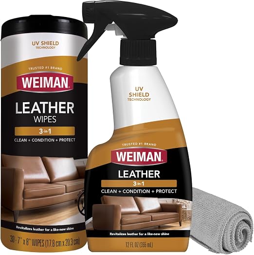 Weiman Leather Cleaner, Conditioner & Protector Kit, Spray, Wipe & Cloth