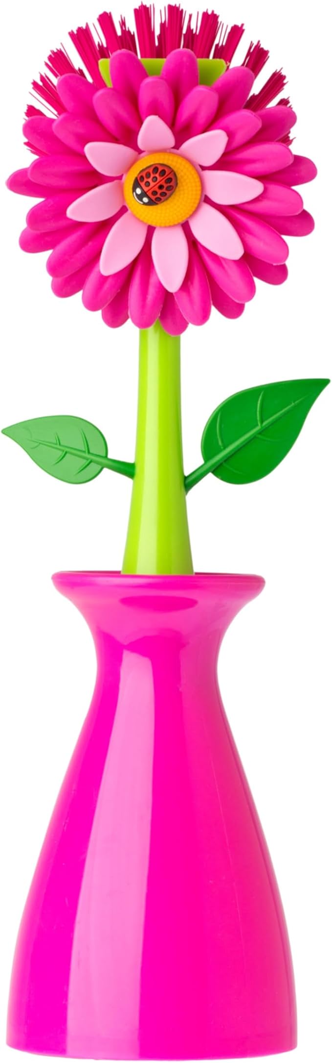 Vigar Flower Power Dish Brush with Handle and Vase Holder - Dish Scrub Brush for Dishes, Kitchen Scrub Brush, Dish Brush with Handle, Sink Cleaning Brush, Pot Scrubber, Dishwashing Brush - Pink