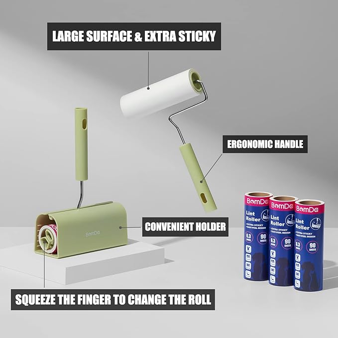 Extra Sticky Large Surface Lint Roller, 6.3'' Giant Lint Roller for Pet Hair, Long Handle Lint Remover for Clothes, Furniture, Dog & Cat Hair Remover (1 Roller + 270 Sheets)