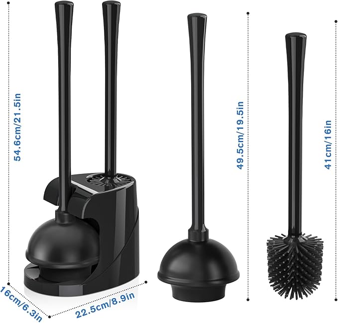 Toilet Plunger and Brush Set, Silicone Toilet Brush and Plunger with Holder for 5.7-inch Toilet Drain, 2-in-1 Toilet Brush Plunger Combo with Caddy Stand (Black)