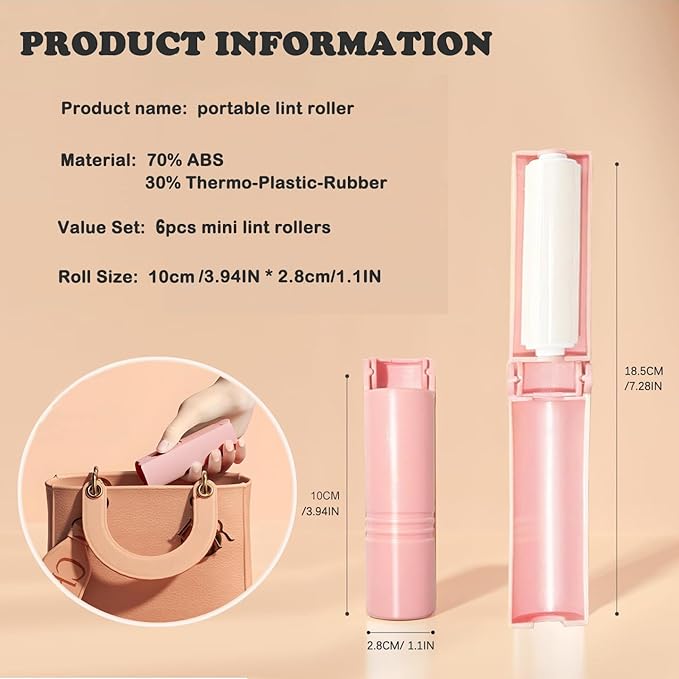 Mini Reusable Lint Roller for Travel, 6 Pack Washable Foldable Lint Remover with Sticky Gel, Portable, Compact and Easy to Clean for Clothes and Luggage Use (Pink)