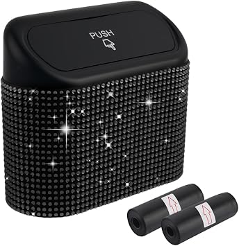 Car Trash Can with Lid & Rhinestones Design,Push-on Car Trash Bin for Storing Trashes Items & Cars Decor Includes 30PCS 