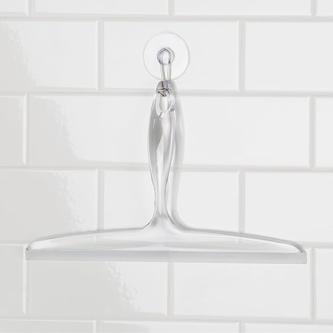 iDesign Plastic Bath Squeegee for Glass with Suction Hook Holder – 12", Clear