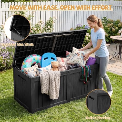 Outdoor Storage Box Waterproof, 370 Gal Gen 2 Resin Deck Box Gas Struts