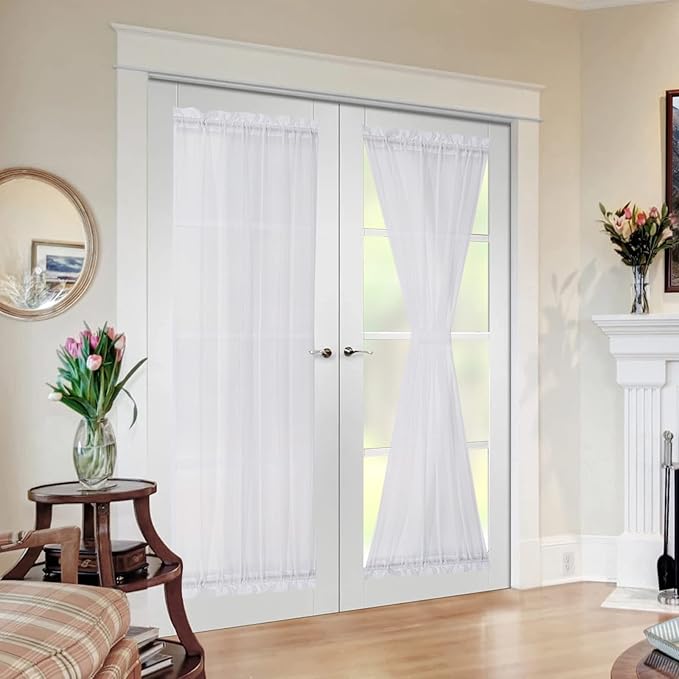 MIULEE French Door Sheer Curtains for Front Back Patio Glass Door Light Filtering Window Treatment with 2 Tiebacks 54 Wide and 72 Inches Length, White, Set of 2