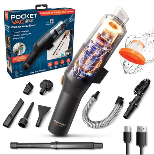 Pocket Vac Reach Handheld Vacuum w/ 3ft Extension Wand – Cordless 2-in-1 Blower & Portable Car Vacuum Cleaner, Mini Hand Vacuum for Furniture, Keyboard & Tight Spaces - w/ 8-Piece Attachment Kit