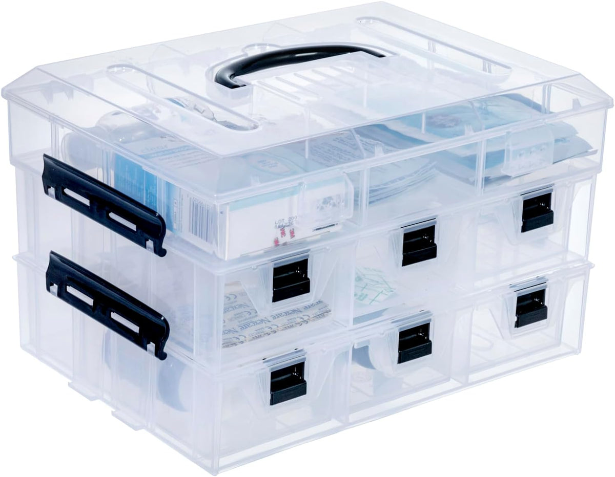 11 Inch Clear Plastic Storage Box Container, Arts and Crafts Sewing Supplies Organizer Case with Black Accents, 24 Customizable Compartments, and 6 Drawers with Removable Dividers
