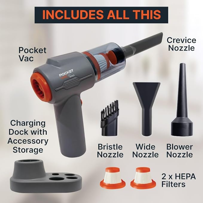 Pocket Vac PRO Handheld Vacuum and Docking Station, Compact Wireless Vacuum Cleaner, Lightweight Powerful for Home Kitchen Car Corner Upholstery Pet Hair Dust Crumbs Cleaning