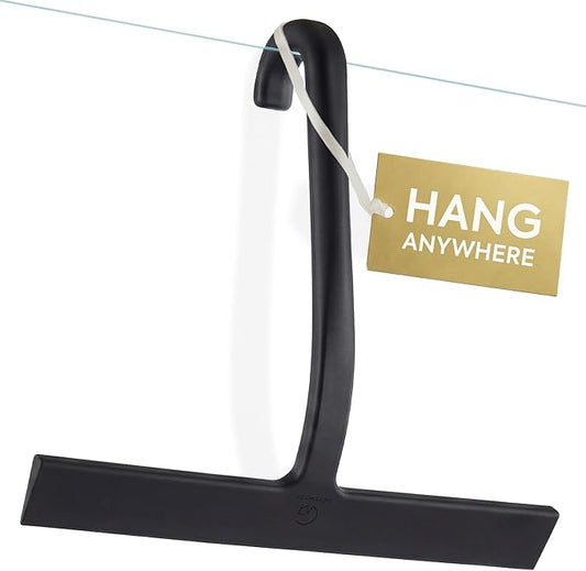 GÜTEWERK Shower Squeegee for Glass Doors – Bathroom Squeegee for Shower Glass & Tile Walls, Streak-Free & No-Squeak Silicone Blade, Stainless Steel Core, Hang Hook + Suction Cup, Black, 10 Inch