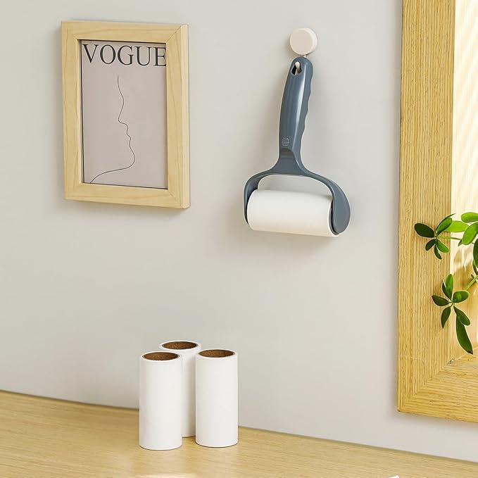 Flat Sticky Lint Roller for Couch Desk Chair Dog/Cat Bed Balliard Table Lint Roller for Pet Hair Lint Remover T Shape Handle with 4 Refill Rolls (Navy Black)