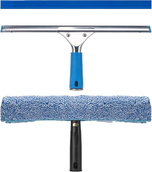 Professional Window Cleaning Kit, 14" Rubber Squeegee with 15" Microfiber Scrubber, Window Cleaning Tool for Home, Window Washing Equipment Commercial & Household Use