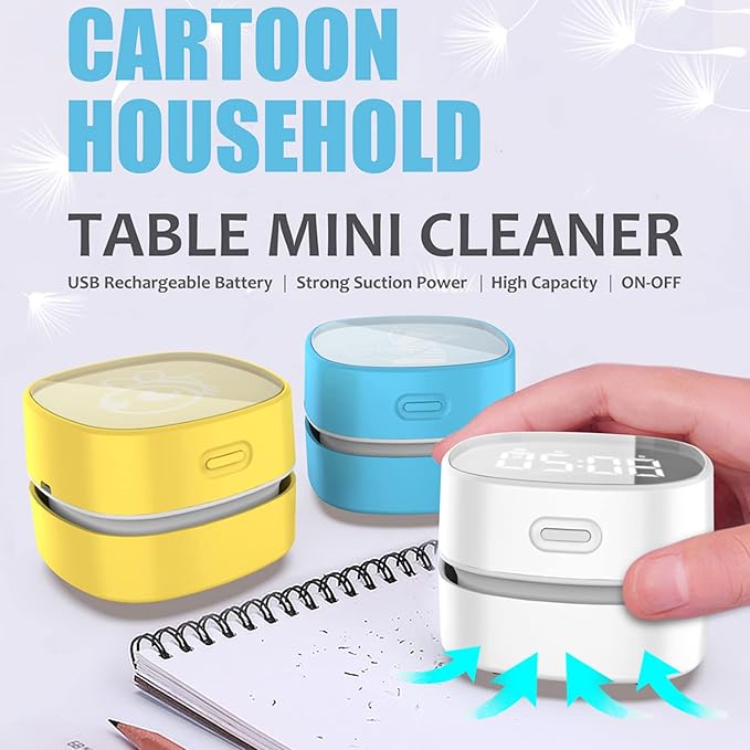 ODISTAR Counter Vacuum Cleaner,Mini Table dust Sweeper Energy with Digital Timer,Endurance up to 400 mins,360º Rotatable for Cleaning Rubber shavings,Crumbs Keyboard of Gifts for Kids(White)