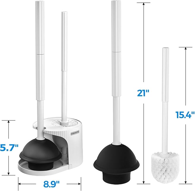 FORASTO 2Pack 2 in 1 Toilet Brush and Plunger Set, Toilet Bowl Brush Plunger Set,Extended Handle Plunger,Bathroom Cleaning Tools,Toilet Brush Plunger Combo,Cleaning Brush（Pearl White，21inch）