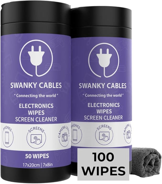 Swanky Cables Screen Cleaner Wipes: Electronic Wipes for Screens - Computer Screen Wipes for Lens, Phone, Tv Screen and Monitor Cleaning - Tech Wipes & Microfiber Cloth (Canister, 100 Count)