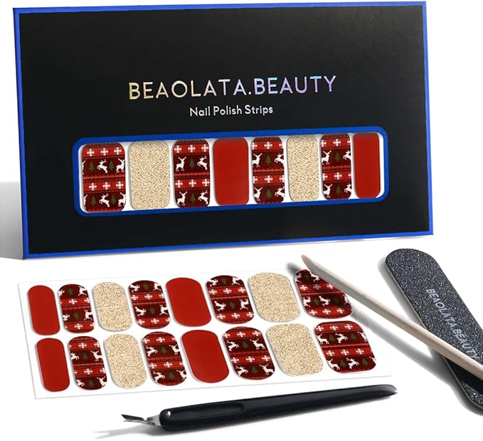Nail Polish Strips, 32PCS Salon Quality Wraps, Long Lasting Gel Nail Stickers for Women Easy Apply& Remove (Christmas Fireside Glimmer)