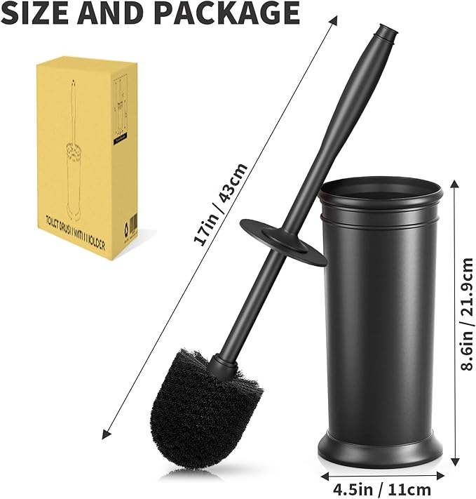 Toilet Brush, Toilet Bowl Brush with Extra Long Handle Durable Bristles Toilet Scrubber and Covered Holder for Toilet Brush Set for Bathroom Cleaning (Black, 1 Set)