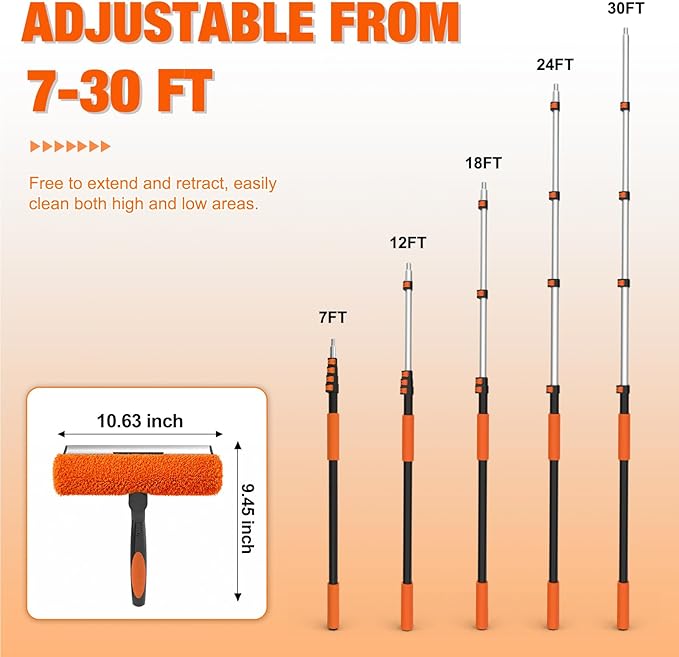 LAANPOLE 36FT Window Squeegee with Extension Pole, 2-in-1 Squeegee for Window Cleaning, Professional Cleaning Kit for Home with 30FT Telescoping Pole for Outdoor Indoor Use