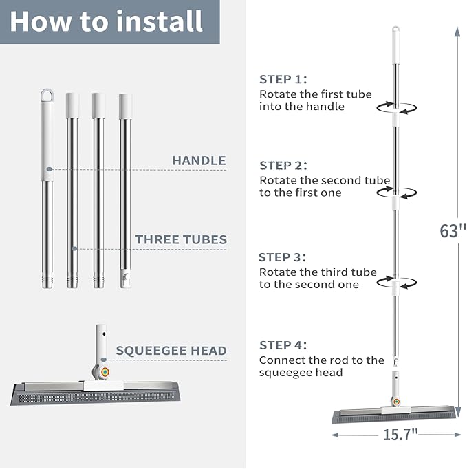 Floor Squeegee for Concrete Floor, Squeegee for Floor with 180° Rotating Head & 63" Long Handle, Garage Squeegee Broom for Epoxy Floor, Pet Hair, Water Removal, Bathroom Tile, Shower Glass, Carpet