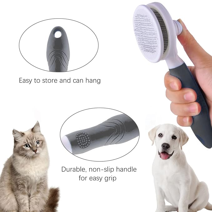 Self Cleaning Slicker Brush - Cat Brush Skin-Friendly Deshedding Grooming Massaging Tool for Long & Short Haired Pets, Cat Hair Brushes Easy Removes Undercoat for Dogs Cats Rabbits-UPGRADED, Gray