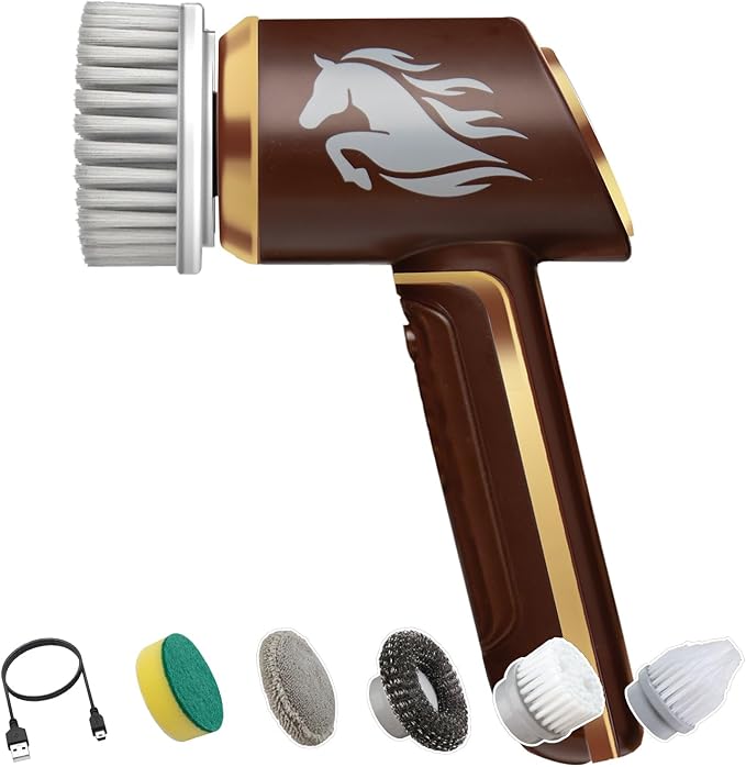 Horsepower Scrubber Gold Edition, Longer Battery Life, Electric Power, Rechargeable, Spins 350 RPM, Waterproof, 5 Brush Heads, AS SEEN ON TV, Cleans Dirt & Grime: Bathrooms, Kitchen, Indoors/Outdoors