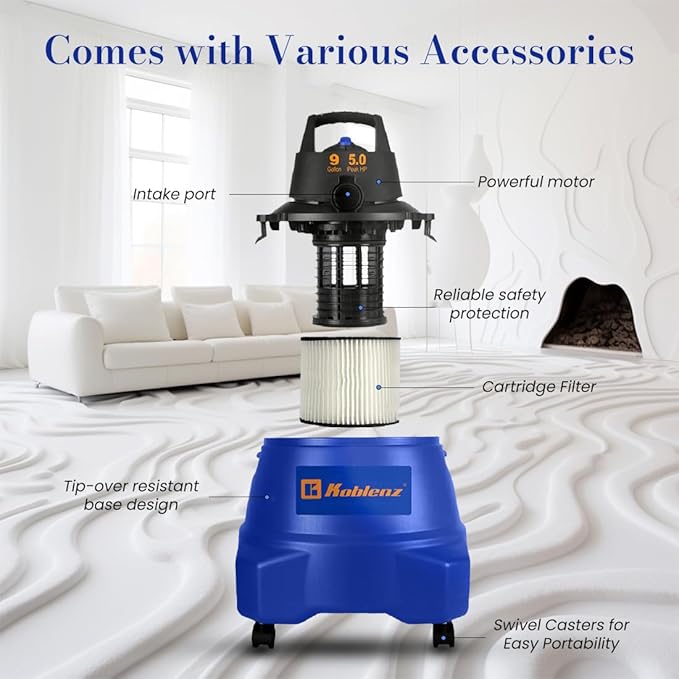 Koblenz WD-9 L212 Wet Dry Vacuum Cleaner, 9 Gallon, 5.0 PHP, 3-in-1 Suction & Blower, Big Vacuum Cleaners for Home, Heavy Duty Shop Vac, Click-N-Lock Hose, Swivel Casters, Black/Blues