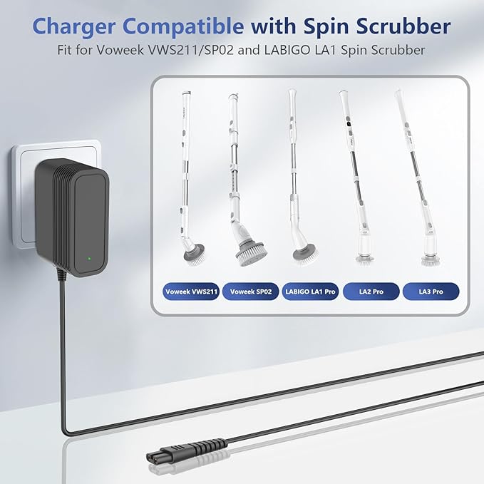 Charger for Voweek Electric Spin Scrubber Compatible with Voweek VWS211/SP02/ LABIGO LA1 Electric Spin Scrubber Power Cord Charger