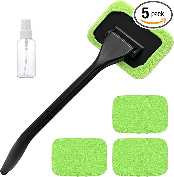 Car Windshield Cleaning Tool, Microfiber Auto Window Cleaner with 4 Cloth Pads & Long Handle, Reusable Window Cleaning T