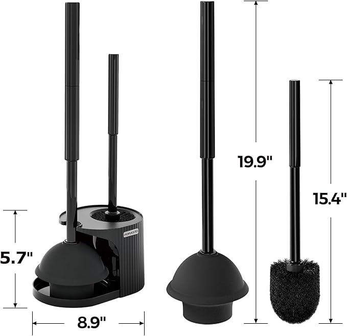 FORASTO 2Pack 2 in 1 Toilet Brush and Plunger Set, Extended Handle Plunger,Toilet Bowl Brush Plunger Set,Bathroom Cleaning Tools,Toilet Brush Plunger Combo,Cleaning Supplies，Black