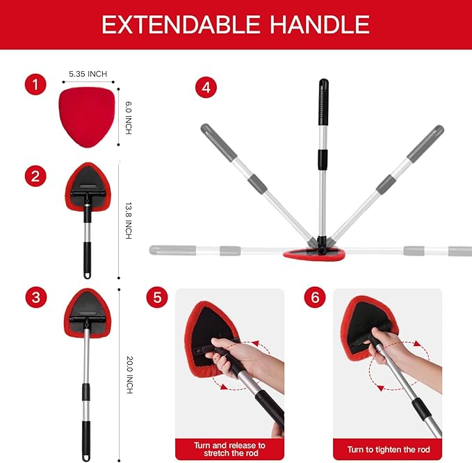 Qydipclin 11pcs Windshield Cleaner Tool, Car Window Cleaning Wash Kit with 6 Reusable Microfiber Pads 2 Spray Bottles and Extendable Handles Auto Glass Wiper Kit, Red