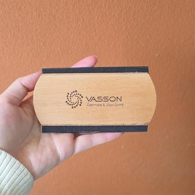 VASSON Cashmere Comb for Sweaters & Wool - Thicker Solid Beechwood Handle Fabric Shaver - 20% Larger Manual Depiller & Fuzz Remover for Knits, Scarves, and Coats (Dual-Sided Design)