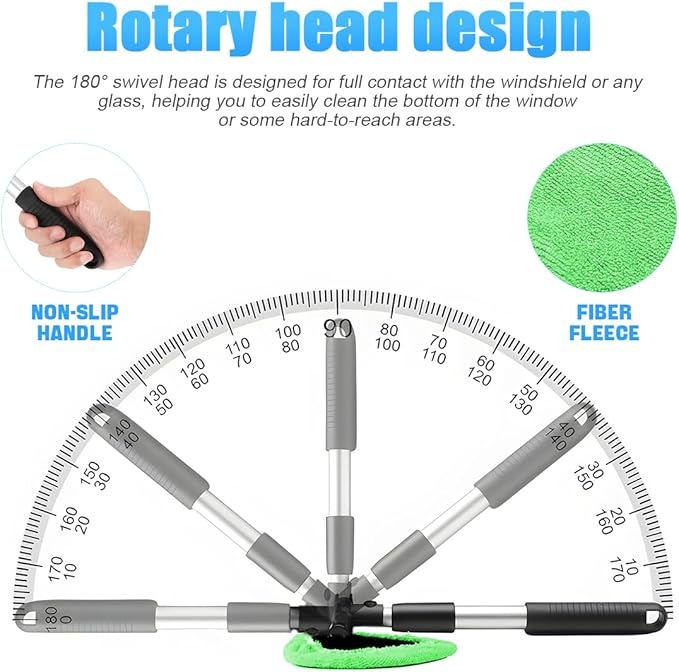 Windshield Cleaning Tool, Car Window Cleaner with Extendable Long Handle and 4 Washable Reusable Microfiber Pads, Auto Interior Exterior Glass Wiper Cleaning Kit Universal for Office and Home (Green)