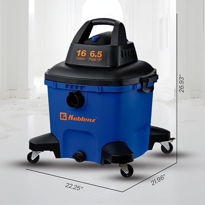 Koblenz WD-16 L4 Wet Dry Vacuum Cleaner, 16 Gallon Wet Dry Vac, 6.5 PHP, 3-in-1 Suction & Blower, Click-N-Lock Hose, Drain Plug, Big Vacuum Cleaner for Carpet & Floors, Swivel Casters, Black/Blue