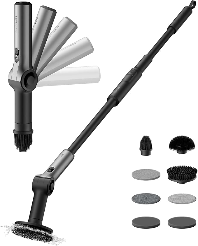 HOTO Flexi™ Cordless Electric Spin Scrubber, Adjustable Angle, Extendable Handle, Smart Display, IPX7 Waterproof, Powerful Cleaning Scrubber with 8 Replaceable Brush Heads, for Bathtub, Bathroom, Tile