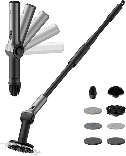 HOTO Flexi™ Cordless Electric Spin Scrubber, Adjustable Angle, Extendable Handle, Smart Display, IPX7 Waterproof, Powerful Cleaning Scrubber with 8 Replaceable Brush Heads, for Bathtub, Bathroom, Tile