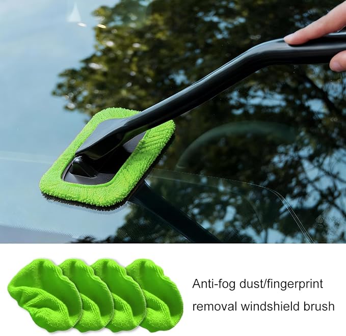 Car Windshield Cleaning Tool, Microfiber Vehicle Window Cleaner with 5 Washable Reusable Cloth Pad & 1 Spray Bottle, Automotive Glass Wiper Cleaning Kit Accessories, Universal Fit (Green)