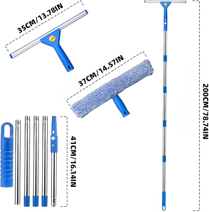 Professional Window Cleaning kit, 2-in-1 Window Squeegee with 78" Extension Poles, Suitable for Indoor & Outdoor Window, High Glass, High Windows, Multi-Purpose Car Windshield Cleaning
