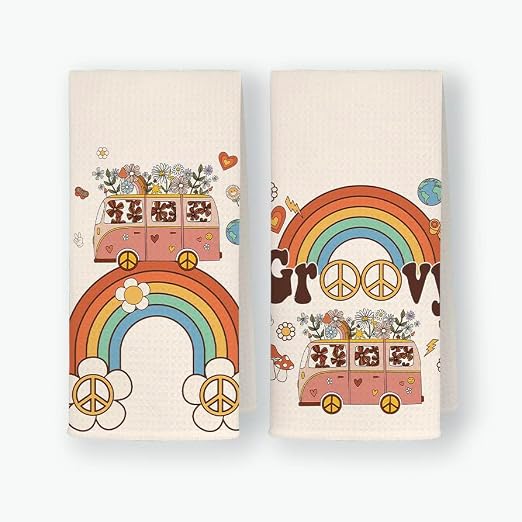 QODUNG Groovy Retro Bus Peace Sign Daisy Rainbow Soft Kitchen Towels Dishcloths 16x24 Inch Set of 2,Groovy Drying Cloth 