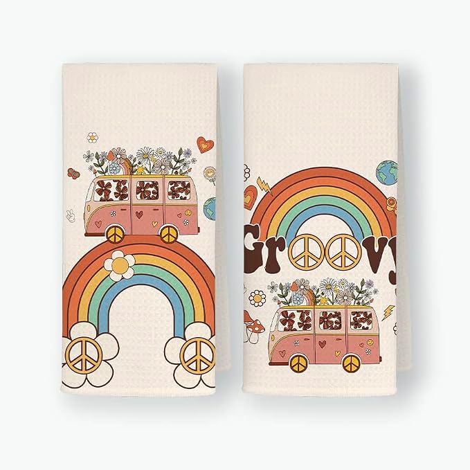 QODUNG Groovy Retro Bus Peace Sign Daisy Rainbow Soft Kitchen Towels Dishcloths 16x24 Inch Set of 2,Groovy Drying Cloth 