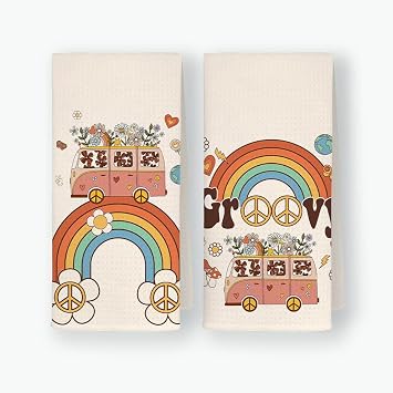 QODUNG Groovy Retro Bus Peace Sign Daisy Rainbow Soft Kitchen Towels Dishcloths 16x24 Inch Set of 2,Groovy Drying Cloth 