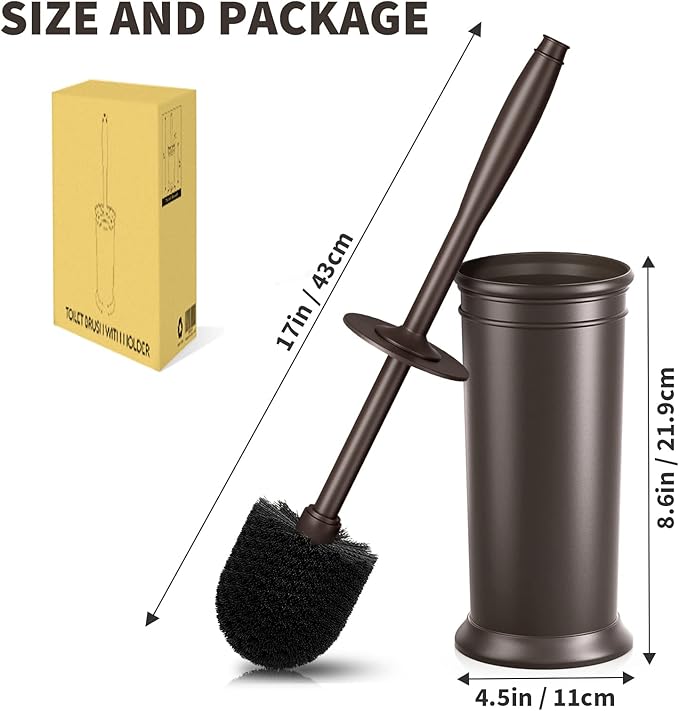 Toilet Brush, Toilet Bowl Brush with Extra Long Handle Durable Bristles Toilet Scrubber and Covered Holder for Toilet Brush Set for Bathroom Cleaning (Brown, 1 Set)