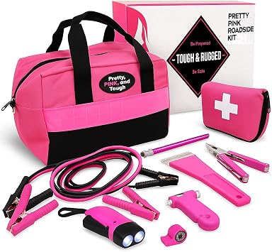 Pretty Pink Roadside Emergency Kit for Women & Teen Girls - Heavy-Duty Jumper Cables, First Aid Kit, Safety Tools, Flash
