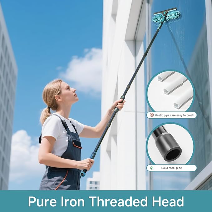 62" Window Squeegee, 2 in 1 Window Cleaning Tool with Telescopic Pole, Rotatable and Bendable Head for High Windows Indoor Outdoor, Includes 2 Blades & 2 Pads (Microfiber+Pads)