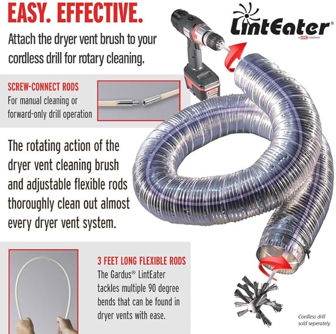 Gardus RLE30 LintEater Rotary Dryer Vent Cleaning System, Removes Lint, Extends Up to 30’